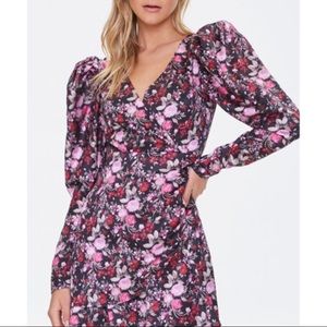 Floral surplice mini dress with puff sleeves